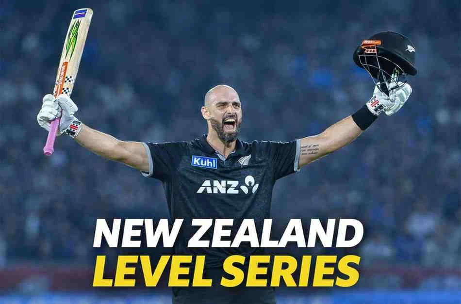 Daryl Mitchell celebrating after completing his century against India in 2nd ODI