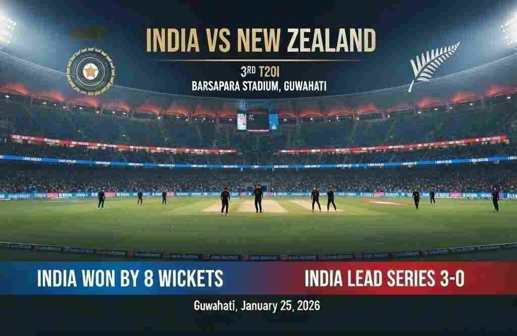 Graphic showing India vs New Zealand 3rd T20I highlights at Barsapara Stadium, Guwahati, with Indian team and New Zeland team logos and final score 3-0.