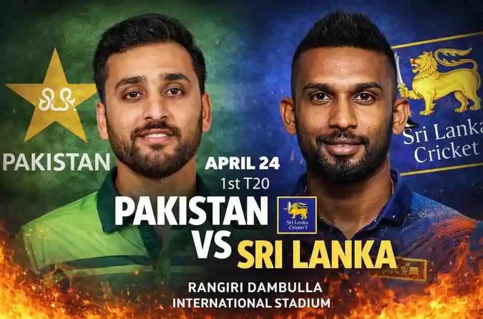 A promotional sports poster for the 1st T20I between Pakistan and Sri Lanka in 2026, featuring the captains and match details at Rangiri Dambulla International Stadium.