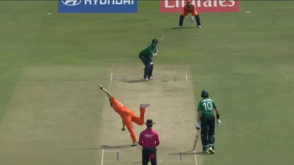 Pakistan cricketer Faheem Ashraf playing a powerful shot during a match