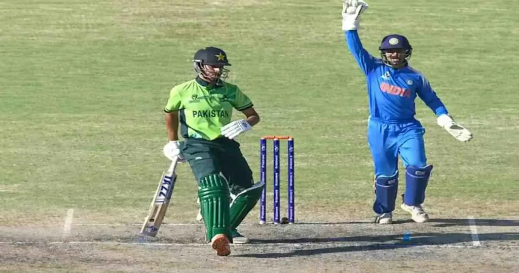 Indian U19 wicketkeeper appeals for a wicket against Pakistan during their decisive Super Six encounter in Zimbabwe.