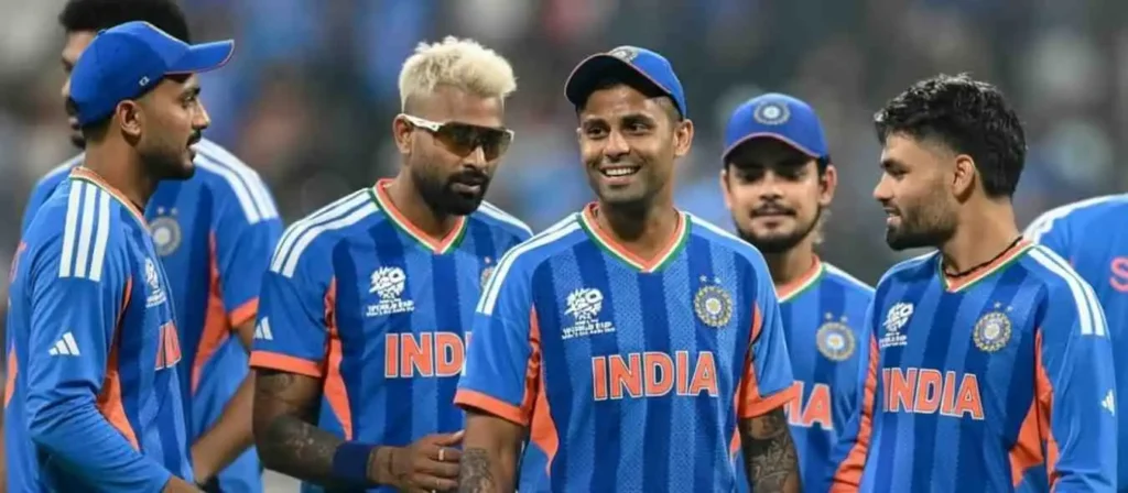 Indian cricket players including Suryakumar Yadav and Hardik Pandya sharing a laugh and looking at each other on the field during a T20 match.