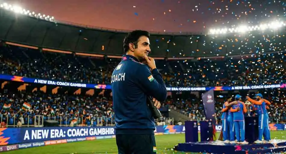 “Gautam Gambhir standing in the stadium after India's T20 World Cup 2026 victory, symbolizing the start of the GG Era in Indian cricket.”