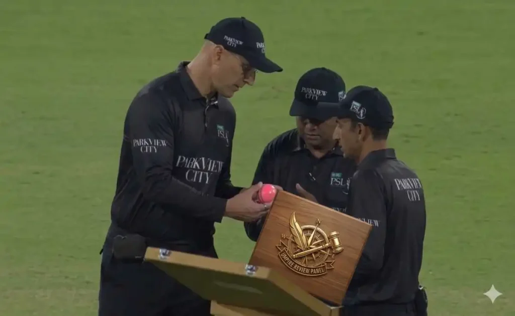 Three cricket umpires in black uniforms inspecting a pink cricket ball during a PSL match