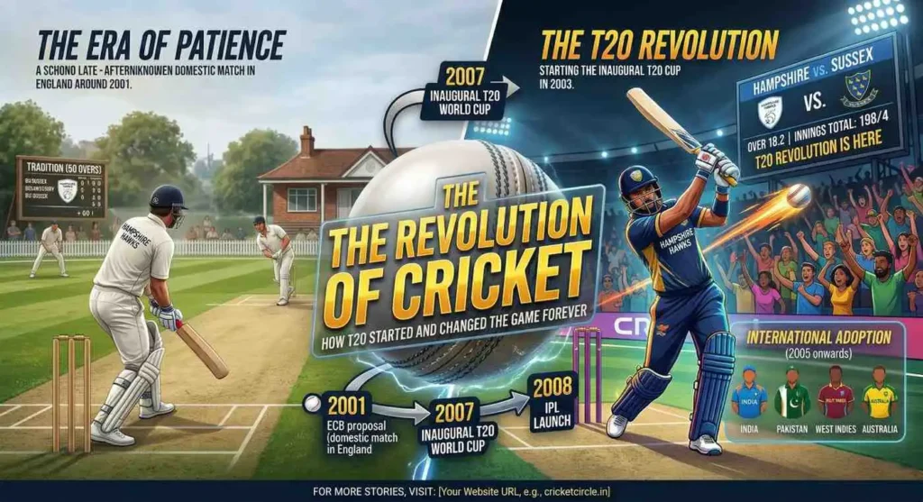 An infographic showing the evolution of T20 cricket from its 2001 ECB proposal to the 2007 World Cup and the launch of the IPL.