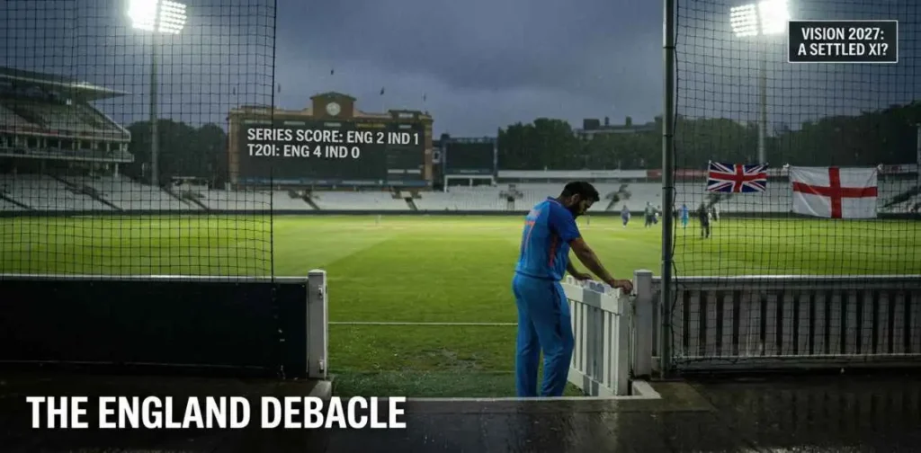 Indian cricket player looking disappointed at Lord's after the series defeat against England, questioning the vision for the 2027 ODI World Cup.