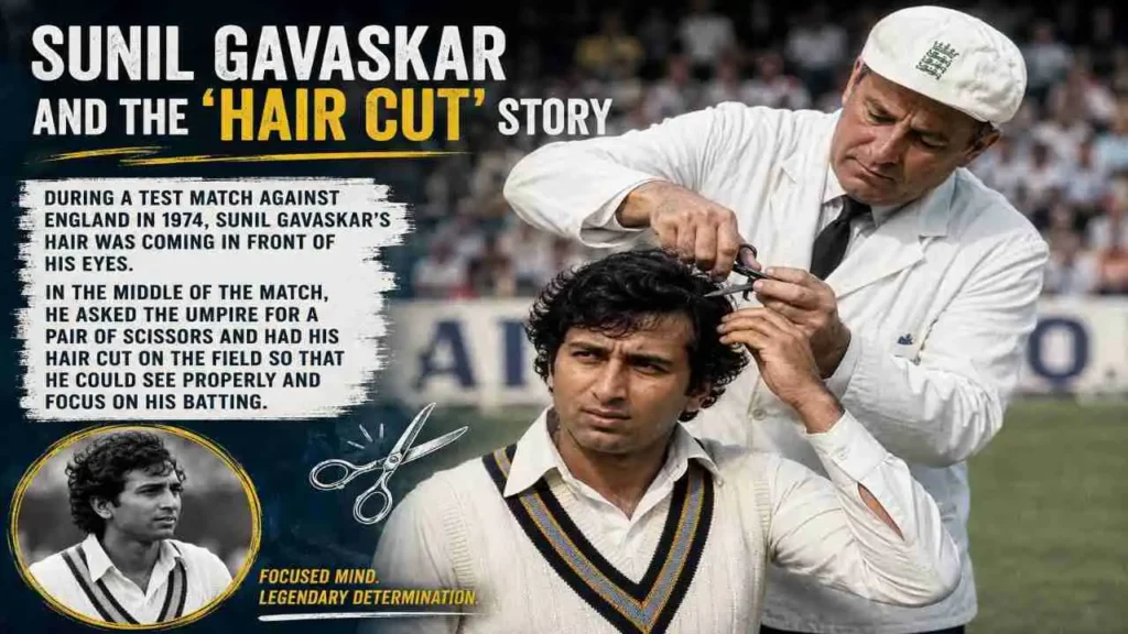 Sunil Gavaskar getting a haircut on the field during a Test match against England in 1974