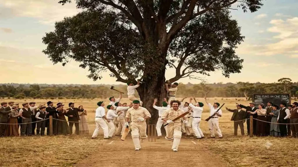 1894 cricket match showing two batsmen running and fielders with an axe and a gun trying to get the ball out of a huge tree to stop them from making a record 286 runs on one ball.